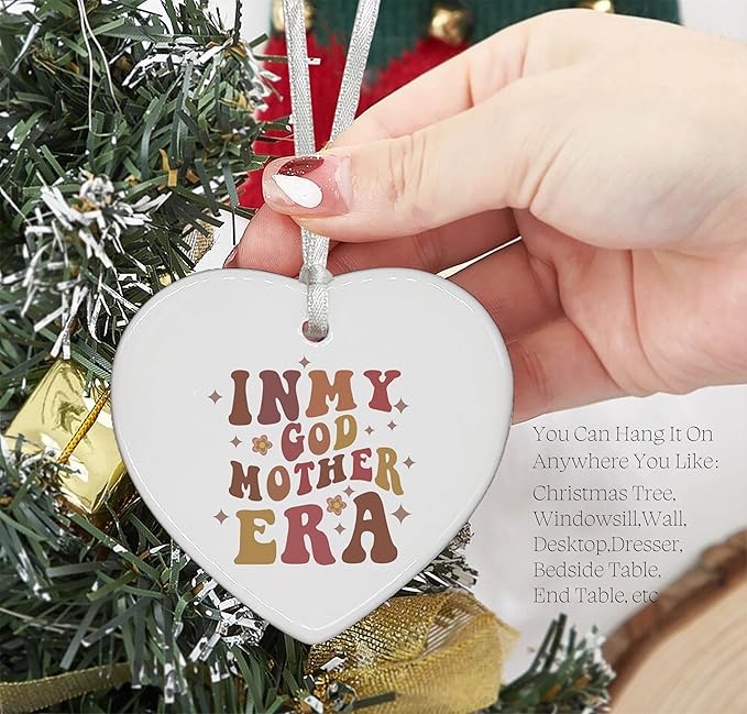Heart Shaped Christmas Ornament-Godmother Era Gift-Godmother Proposal Ornament for Women-Will You Be My Godmom Keepsake-Birthday from Godchild-Mothers Day Ceramic Decor