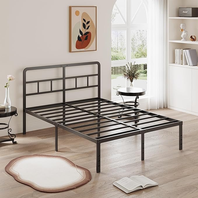 16 Inch Full Size Bed Frame with Headboard No Box Spring Needed, Heavy Duty Metal Platform with Steel Slat, Mattress Foundation, Easy Assembly, No Noise, Black