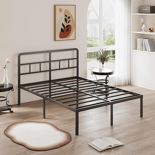 16 Inch Full Size Bed Frame with Headboard No Box Spring Needed, Heavy Duty Metal Platform with Steel Slat, Mattress Foundation, Easy Assembly, No Noise, Black