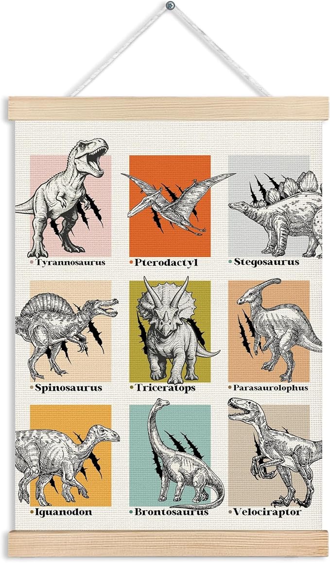 MVLJG Dinosaur T-Rex Nursery Wall Art Poster, Dinosaur Lover Teenage Boy Gifts, Vintage Dino Educational Canvas Prints Hanging Wall Decor for Toddler Kids Bedroom Playroom Classroom, 12x16 Inches