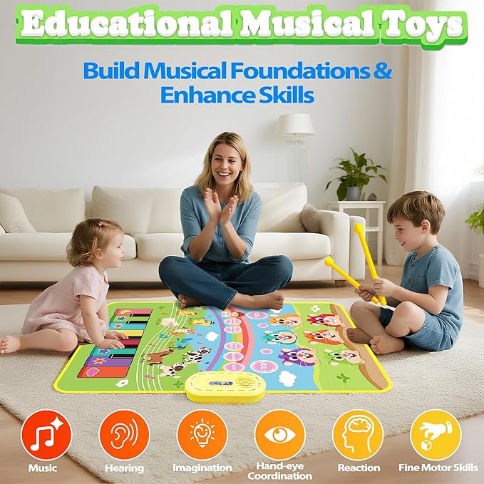 MOMUSE 3-in-1 Floor Piano Mat for Kids, Whack-a-Mole Game Music Play Mat with 30 Sound & Function Keys, Sensory Musical Toys for Baby Girls Boys Toddlers 1 2 3 4 5 6 Years Old