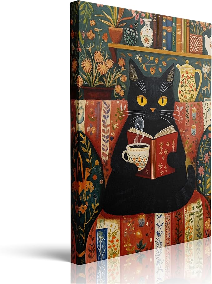 Funny Cute Black Cat Picture Wall Decor Framed Animal Reading Book Drinking Coffee Vintage Canvas Wall Art Rustic Flower Prints Poster Retro Floral Painting for Living Room Bathroom Bedroom (16"x24")