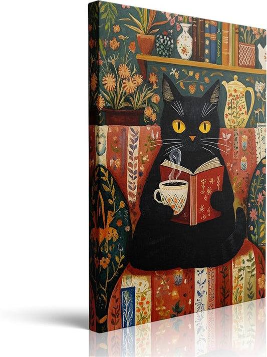 Funny Cute Black Cat Picture Wall Decor Framed Animal Reading Book Drinking Coffee Vintage Canvas Wall Art Rustic Flower Prints Poster Retro Floral Painting for Living Room Bathroom Bedroom (16"x24")