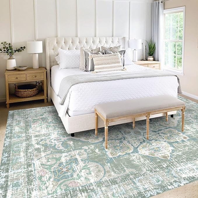 Vhong Boho Area Rugs Vintage Washable Neutral Modern Pale Green 9x12 Large Carpet for Farmhouse Living Room Dining Room Bedroom Non Slip