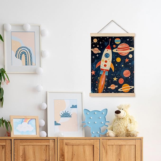 URLLUAE Rocket Ship Space Wall Art for Kids Room, Colorful Outer Space Planet Poster for Boys Bedroom Classroom Nursery Playroom Wall Decor, 12x16 Inch