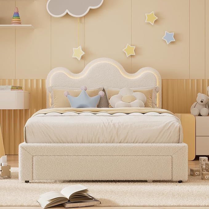 FULL Upholstered LED Bed Frame with Storage Drawers Girls Bed with flower Headboard Lamb Velvet Princess Platform Bed Frame for Kids/Girls Strong Wood Slat Support,No Box Spring Needed,Easy Assembly