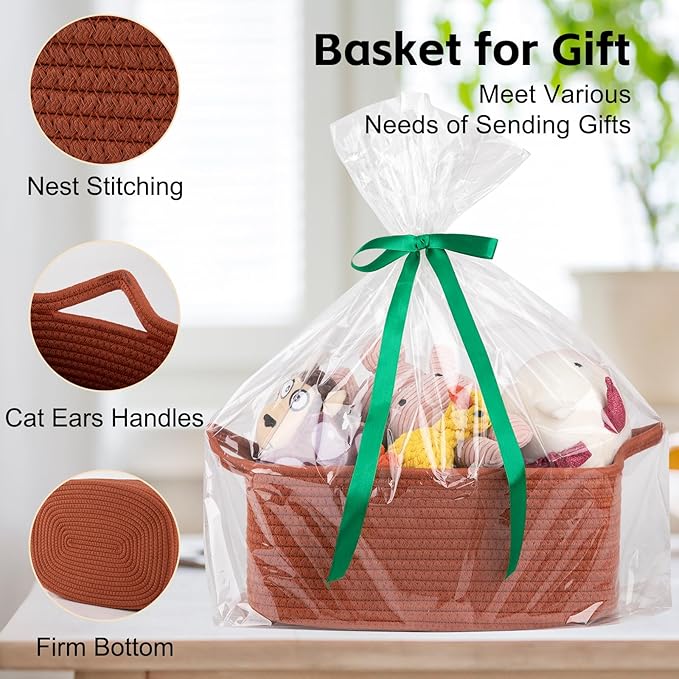 OIAHOMY Woven Basket, Gift Basket Empty with Gift Bags and Ribbons, Rope Baskets for Baby Showers, Storage Baskets with Handles for Nursery, Pet Toy Organizer - Rust Red