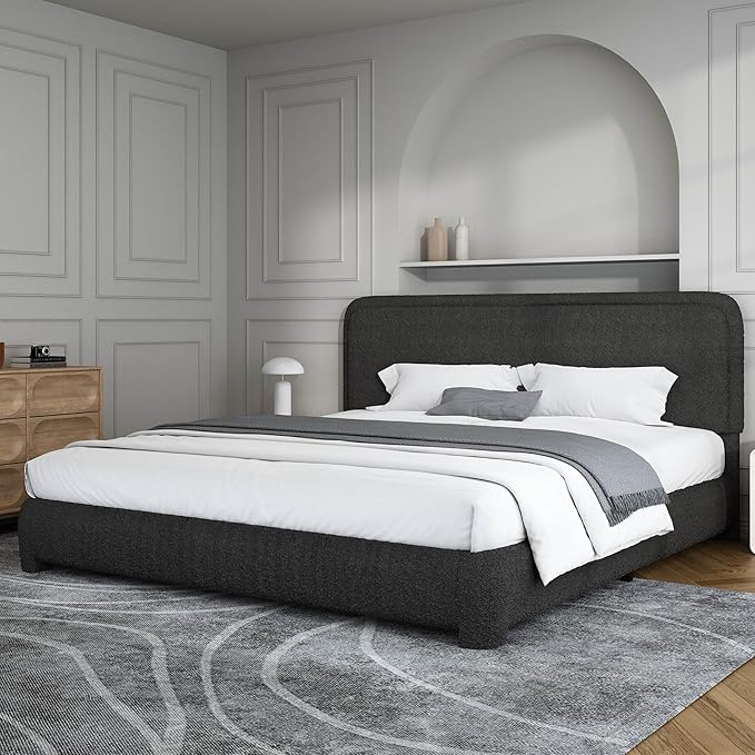 BarnFurin King Size Boucle Bed Frame and Headboard, Cloud Upholstered Platform Bed Frame, Soft Rounded Corners, Modern Style, No Box Spring Required, Easy Assembly, Black