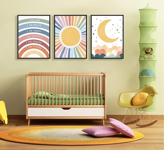 KBIERQN 3Pcs Boho Sun moon Wall Art Nursery Positive Affirmations Rainbow Poster Prints Bohemian Star Heart Canvas Picture for Toddler Baby Girls Room Playroom Bedroom Wall Decor 12x16in Unframed