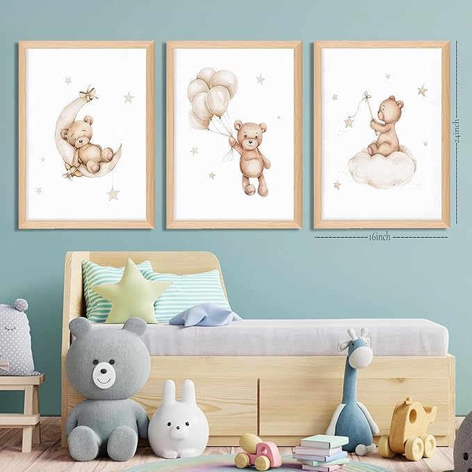 Framed Teddy Bear Wall Art Nursery Decor Set of 3, Bear Sleeping on The Moon and Stars Pictures Canvas, Neutral Bears Poster Prints Wall Decor for Kids Baby Room Girls Children Room – 16x24 inch