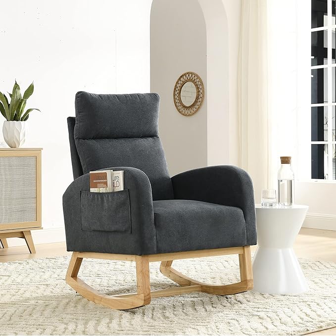 Nursery Rocking Chair with Solid Wood Legs, Glider Chair for Nursery with Two Side Pockets, Rocker Armchair for Living Room Bedroom (Dark Grey, Linen Fabric)