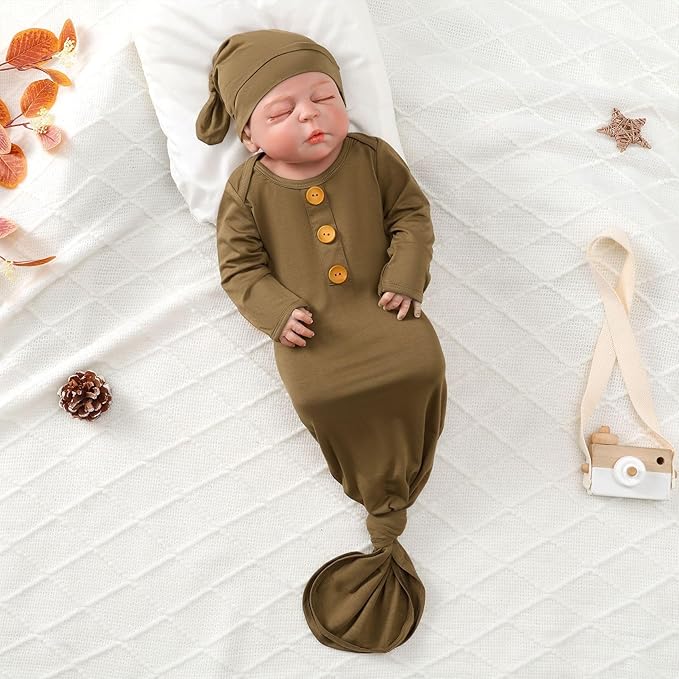 OPAWO Knotted Gown Baby Newborn Sleepers Baby Boy Coming Home Outfit, Bamboo Viscose Baby Gowns with Mitten Cuffs and Hat Set