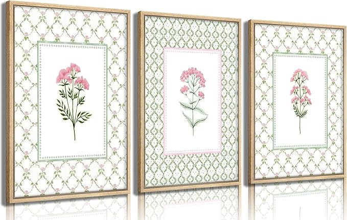 3Pcs Pink Green Floral Wall Art Wildflower Baby Room Painting Picture Wall Decor Pastel Botanical Poster Print Artwork for Bedroom Living Room Girls Bedroom Nursery Dining Room Home Decoration