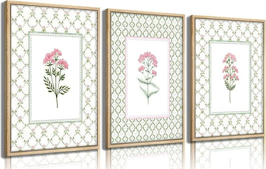 3Pcs Pink Green Floral Wall Art Wildflower Baby Room Painting Picture Wall Decor Pastel Botanical Poster Print Artwork for Bedroom Living Room Girls Bedroom Nursery Dining Room Home Decoration