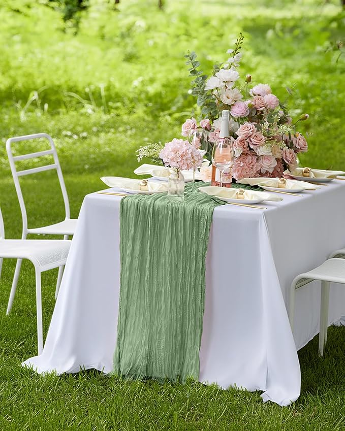 Pureegg 3-Pack Cheese Cloths Table Runner, 120'' Boho Table Cloth Decorations for Party, Baby Shower, Wedding and Farmhouse, Fabric Room Decor, Sage Green