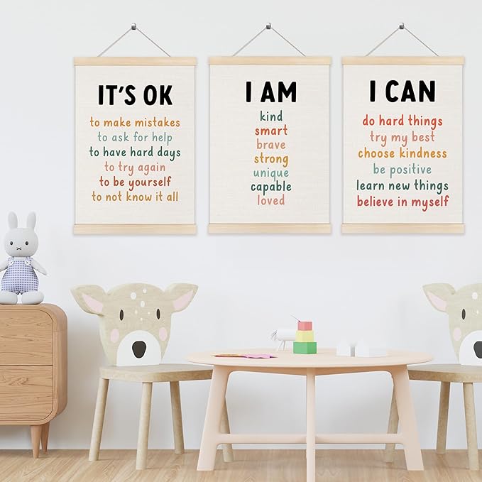 Koesus Inspirational Classroom Wall Art Poster Hanger Frame 12x16 Inch Set of 3, Positive Affirmations for Kids, Motivational Canvas Pictures Prints Framed Wall Decor for Classroom Kids Room Playroom