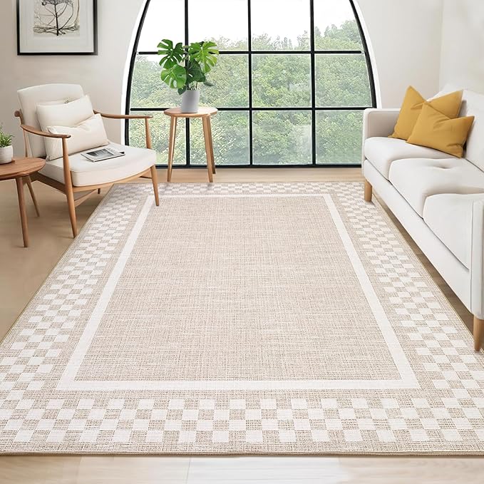 GarveeHome Washable Area Rugs 10x13 Non Slip Soft Large Living Room Rug Modern Checkered Bedroom Rug Soft Geometric Bordered Throw Carpet for Dining Room Home Decor Office Nursery, Beige