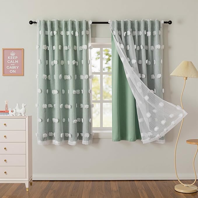 MYSKY HOME Kids Curtains for Boys Bedroom 63 Inches Long Room Darkening Double Layer Drapes for Son Room Decor White Pom Pom Sheer Back Tab Blackout Curtain 2 Layers Aqua 52 x 63 Inch 2 Panels