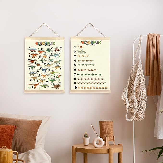 CGBHW Educational Dinosaur Alphabet Numbers Poster Hanger Frame Set of 2 12x16, Dino Species Construction Learning Posters Wall Art Hanging Decor for Toddler Boy Kids Room Playroom Nursery