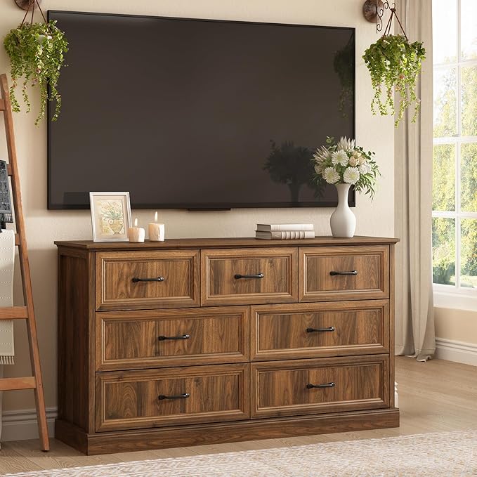 Farmhouse 7 Drawer Dresser for Bedroom, 55 Inch Wide Modern Walnut Dresser TV Stand with Large Drawers & Bar Handles, Rustic Wood Chest of Drawers for Bedroom, Living Room, Hallway, Entryway.