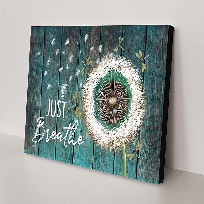 Canvas Wall Art Modern Home Art Just Breathe Dandelion & Dragonfly Canvas，Wall Art Decor Artwork for Living Room Office Decor Framed Ready to Hang 8"x12"