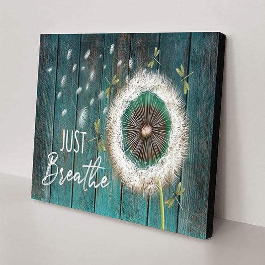 Canvas Wall Art Modern Home Art Just Breathe Dandelion & Dragonfly Canvas，Wall Art Decor Artwork for Living Room Office Decor Framed Ready to Hang 12''x18''