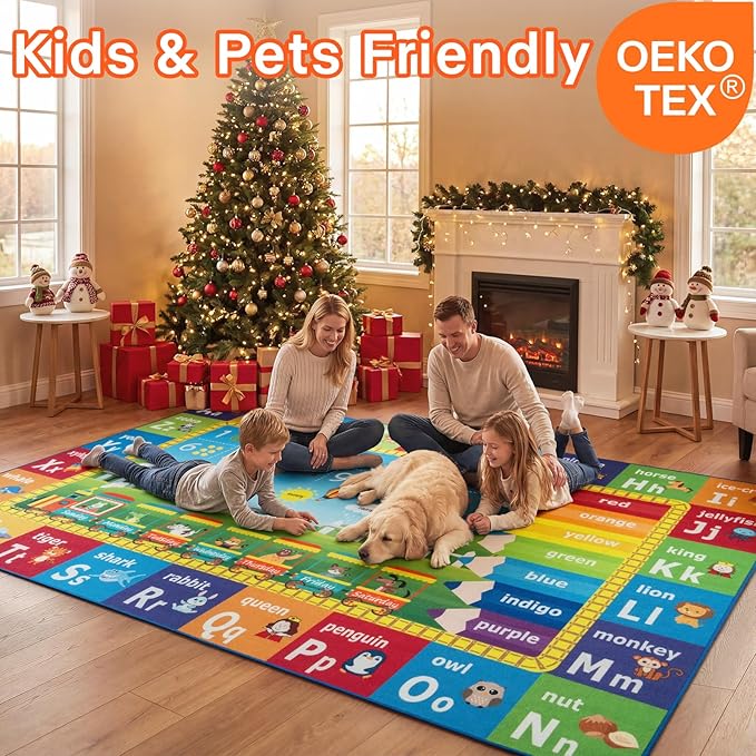 Unirea 8x10 Kids Rug for Playroom Classroom Bedroom, Washable Educational Play Mat with ABC Alphabet, Numbers, Animals for Living Room, Nursery, Colorful Learning Carpet for Toddlers, Rainbow