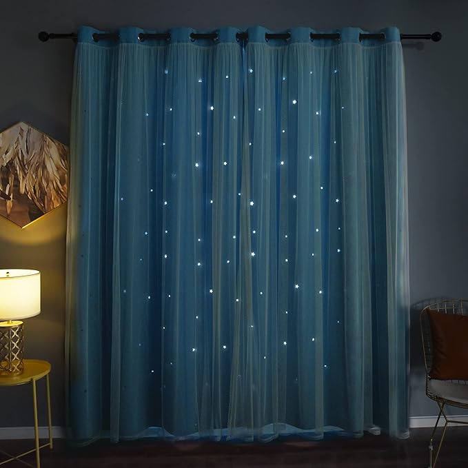 Kinryb Star Cutout Blackout 95 Inches Curtains Double Layer with Sheer Overly Curtains for Bedroom Thermal Insulated Window Treatment Set with 2 Free Tiebacks (52W x 95L 2 Panels Sky Blue)
