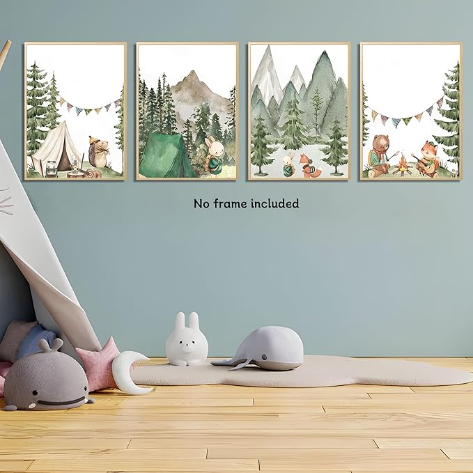 Kousne Woodland Adventure Nursery Canvas Wall Art Set of 4 Camping Animal Prints BearFox Rabbit Hiking PostersForest Mountain Themed Kids Room PictureNature Exploration Wall Decor Frameless 8x10In ﻿