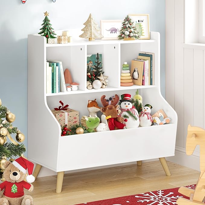 Curipeer Kids Bookshelf and Toy Storage, 3-Tier Wooden Open Bookcase, Baby Book and Toy Storage Display Organizer with Spacious Top Shelf for Children, Family, White(Large Size)