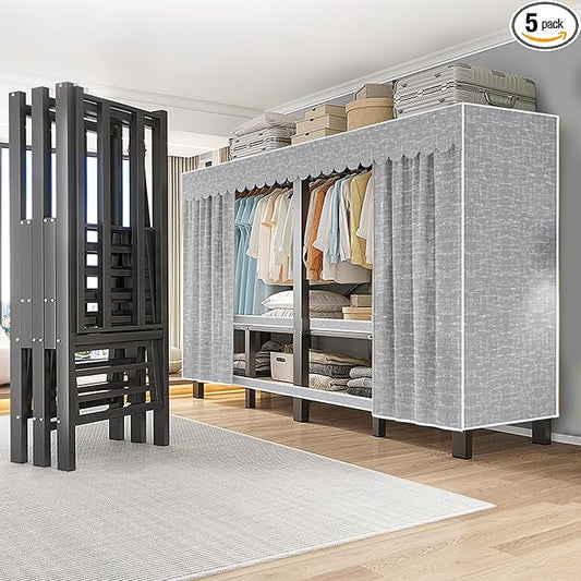 FPIGSHS Heavy Duty Clothes Rack with Cover Foldable Covered Clothes Rack for Hanging Clothes portable Wardrobe Closet System Freestanding Coat Storage Garment Racks for bedroom (grey, 49.2in)
