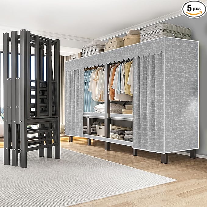 FPIGSHS Heavy Duty Clothes Rack with Cover Foldable Covered Clothes Rack for Hanging Clothes portable Wardrobe Closet System Freestanding Coat Storage Garment Racks for bedroom (grey, 59in)