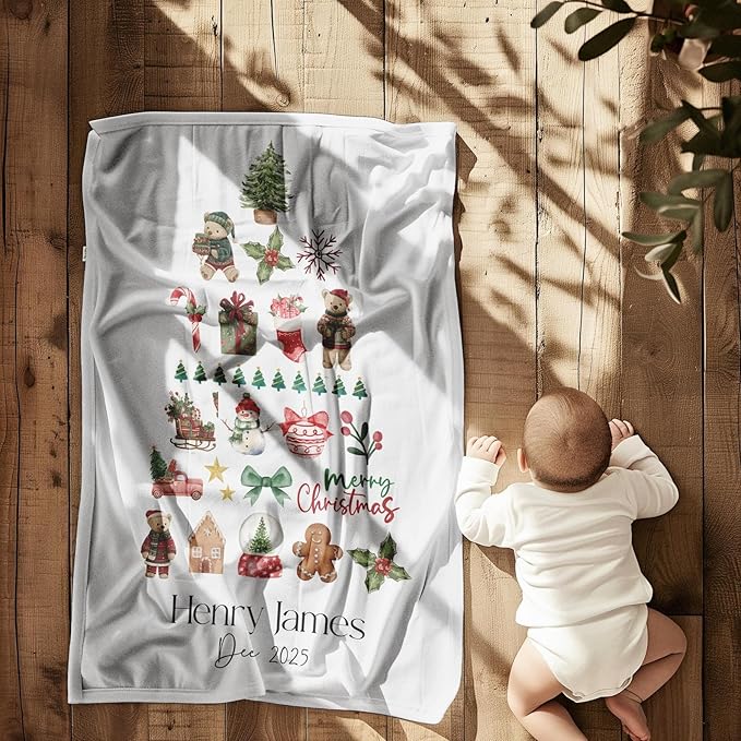 Personalized Baby's First Christmas Blanket, Custom Minimalist Elegant Baby Name Christmas Blanket, Soft Fleece Or Sherpa Throw, Baby Shower, Made in USA