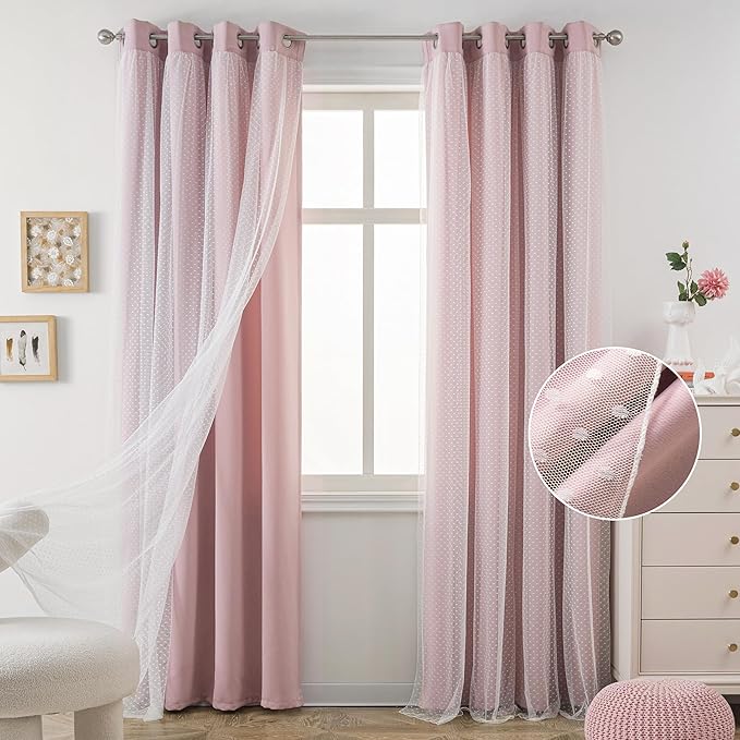 MYSKY HOME Pink Curtains for Girls Bedroom & Nursery Kids Blackout Cute 90 Inch Curtains Double Layer with Polka Dots Sheer, Grommet Tops, 52" Wide, 2 Panels