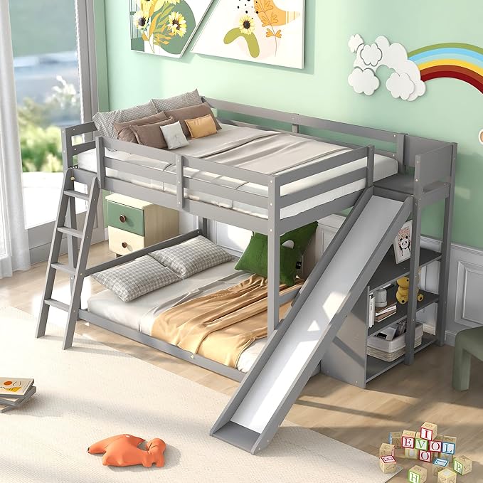 Full Over Full Bunk Bed with Ladder, Wooden Bunk Bed Frame with Slide and Shelves, Low Bunk Bed for Kids Teens Adult, Space-Saving Bedroom Dormitory Furniture (Gray + Pine-05)