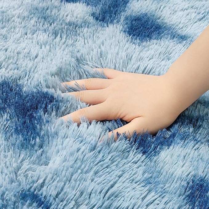 Round Rug 3 ft Blue Circle Area Rug,Tie Dyed Soft Shaggy Circle Rug Fluffy Plush Round Carpet for Kids Girls Boys Room Baby Nursery Living Room Playroom Home Decor