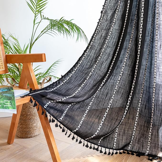 Deeprove Black Boho Curtains 84 inches Long with Tassel for Bedroom, Vintage Bohemian Embroidery Farmhouse Cotton Linen French Country Window Treatments Gothic Halloween Decor, W52 x L84, 1 Panel