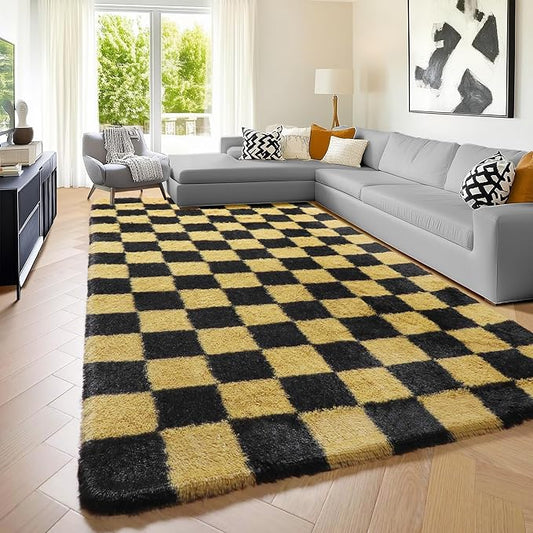 KICMOR Rugs for Living Room Bedroom, 5x7 Black and Gold Fluffy Soft Checkered Area Rug Fuzzy Shag Shaggy Carpet, Indoor Plush Floor Rugs for Kids Boys Girls Teen Dorm Nursery Home Decor Aesthetic