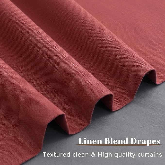 Guken Red Linen 100% Blackout Curtains for Living Room 96 Inches Long 2 Panel Sets for Living Room Textured Light Blocking Thermal Insulated Soundproof Back Tab Hook Belt Dining Room Backdrop 52x96