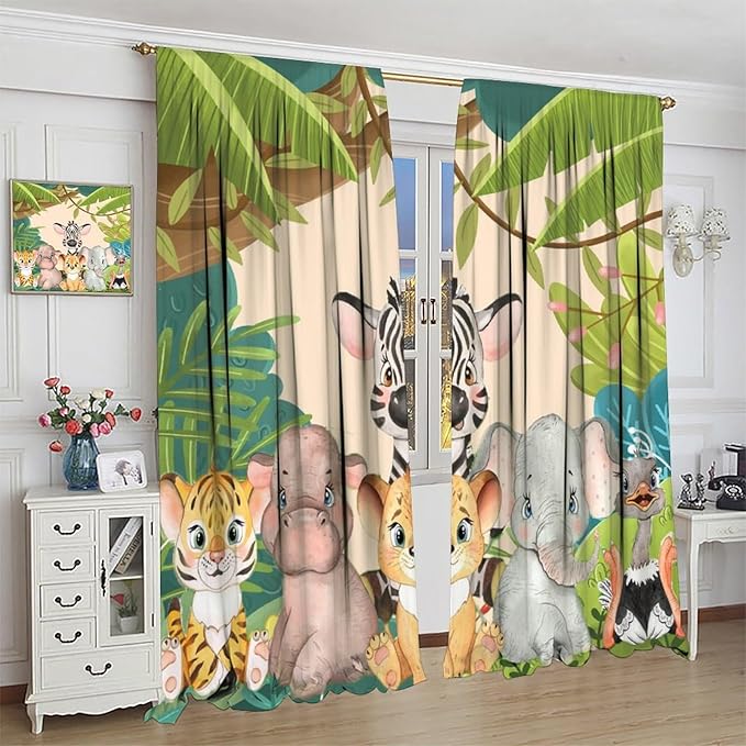 Animals Curtains Colorful Forest Cartoon Cute Zebra Tiger Elephant for Kids Boys Girls Nursery Bedroom Living Room Blackout Rod Pocket Decoration Window Drapes 2 Panels W31.5xL72in
