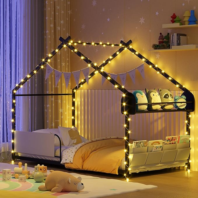 Timy House Shape Twin Size Montessori House Bed Metal Floor Bed with Storage Rack and Caddy Twin Bed-Frame for Kids No Box Spring Needed Black