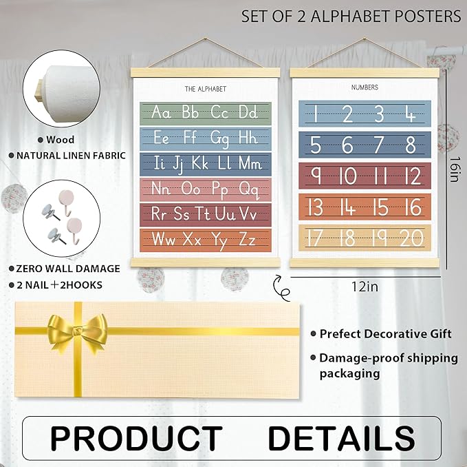 Numbers ABC Wall Chart for Toddler Learning Posters, Nursery Wall Decor Playroom Wall Decor and Alphabet Banner,Preschool &Homeschool Wooden Alphabet Poster for Toddlers-B05