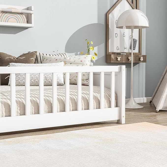 Twin Size Kids Montessori Floor Bed,Twin Floor Bed Frame with Slats and Bookcase,Solid Wood Montessori Bed for Girls Boys,White