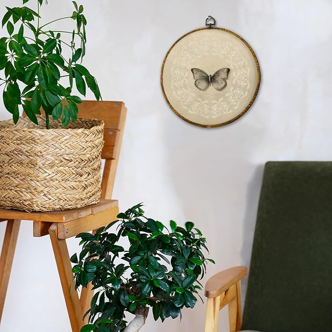 Hiuwevt Vintage Butterfly Round Wall Art Decor, Neutral Moody Butterfly Botanical Framed Canvas Prints, Retro Moth Round Wall Hanging Decor for Home Bedroom Living Room Decorations, 10x10 Inches