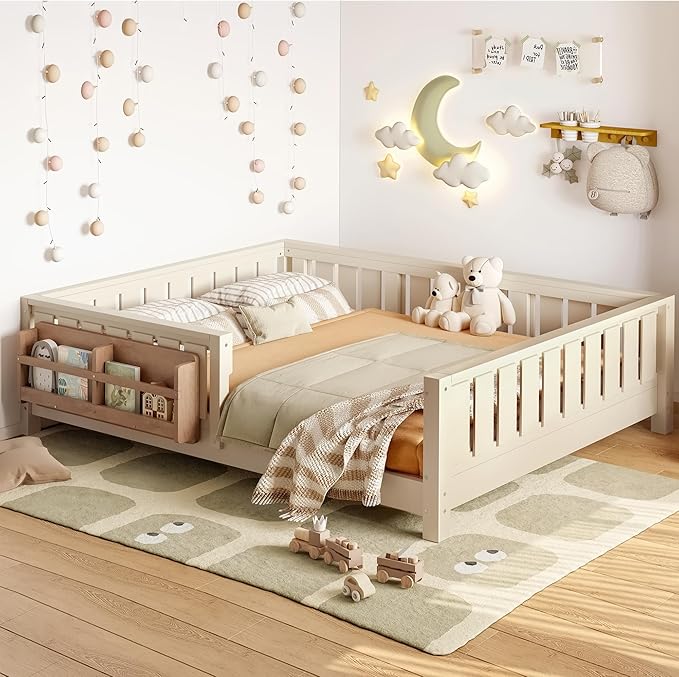 Bellemave Full Size Floor Bed with Slats and Safety Guardrail, Full Size Montessori Floor Bed with Fence and Built-in Bookshelf, Easy Assemble Montessori Beds for Kids, Girls, Boys, Beige