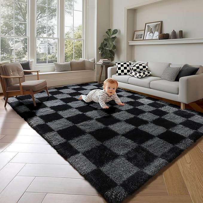 KICMOR Black and Grey Area Rug for Bedroom, 4x6 Fluffy Fuzzy Shag Checkered Rugs Shaggy Carpet for Living Room, Soft Plush Furry Bedside Rug for Kids Boys Room, Guest Room, Home Office Reading Nook