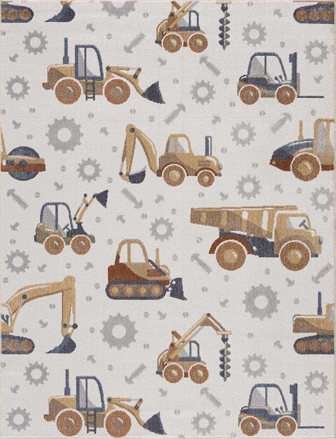 Hauteloom Mochi Kids Room, Nursery Machine Washable Area Rug - Construction Vehicles Machines - Cream, Brown, Beige - 5'3" x 7'