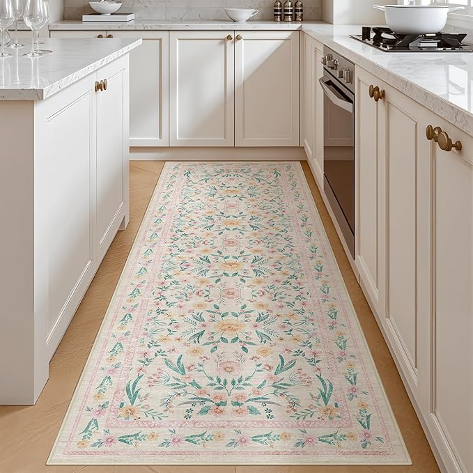 Pink Floral Runner Rug for Hallways Kitchen Rug,2x6 Washable Non Slip Rugs with Rubber Backing,Boho Soft Carpet Runner for Laundry, Bedroom