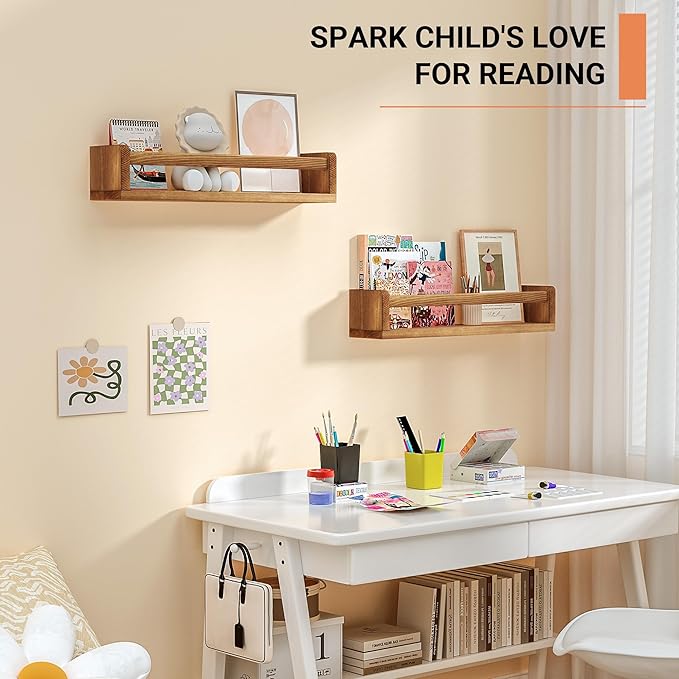 Heimlove Nursery Floating Shelves, Nursery Book Shelves for Wall, 16 inch Bookshelf for Kids Solid Wood Mounted Shelves for Books,Toys and Decor Storage, Set of 2