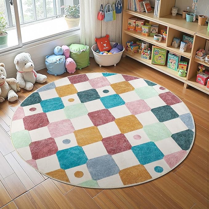jinchan Macy Round Rug 5ft Kids Washable Rug Indoor Floor Cover Non-Slip Soft Elementary School Classroom Modern Colorful Diamond Carpet for Nursery Daycare Playroom Living Room Confetti on Cream